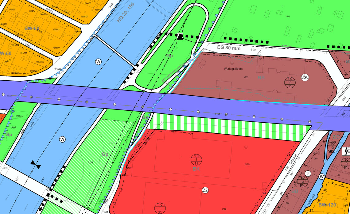 ein bunter Plan, die Farbflächen rot, grün, blau ect. zeigen verschiedene Flächenwidmungen