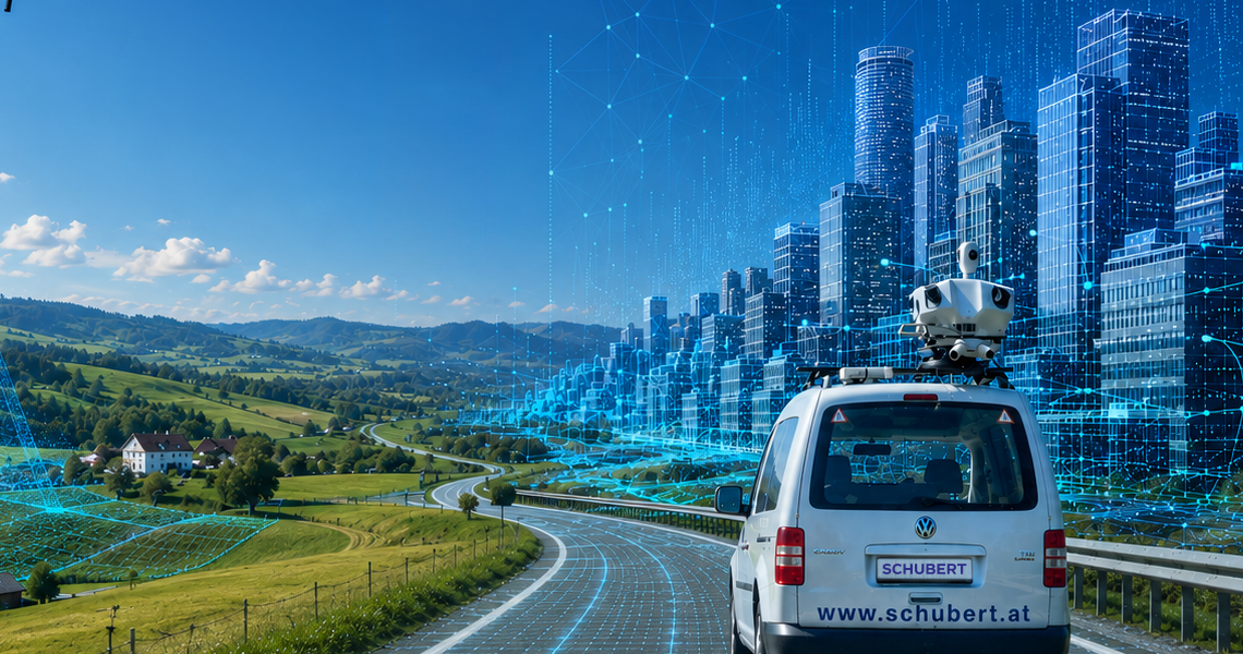 Ein mit Laserscanner best&uuml;cktes Auto f&auml;hrt eine Stra&szlig;e entlang, rechts eine digitalisierte Stadt, links Natur